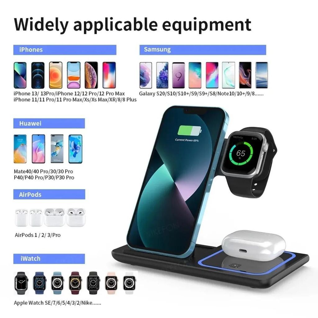 3-in-1 Wireless Ladestation faltbar für iPhone 16/15/14/13/12, Apple Watch Ultra/S10/SE, AirPods Pro, 15W Schnellladegerät Reise Charger Schwarz