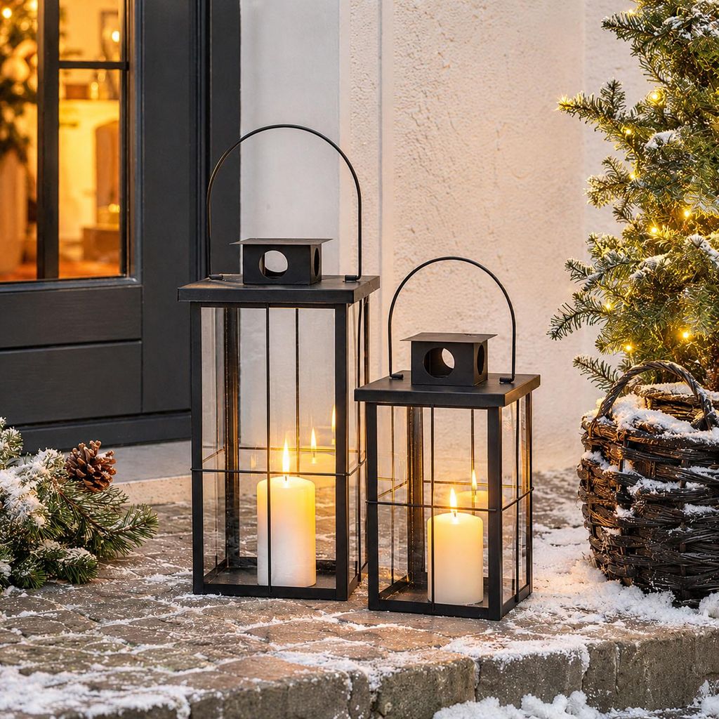 2tlg Metall Laternen Set Schwarz Gartenlaterne Windlicht H58/45cm