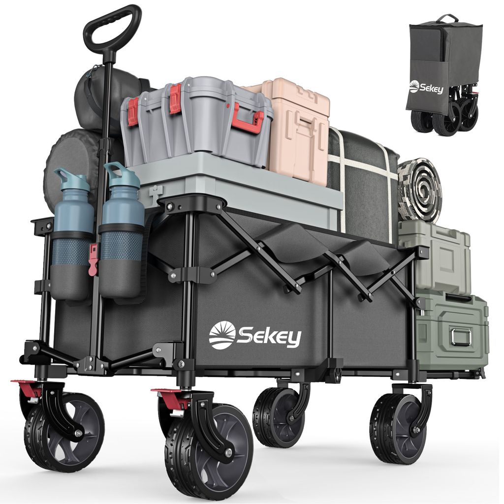Sekey Klappbarer Transportwagen mit erweiterbarer Heckklappe 135 l und 200 l, Strandwagen, große Räder, faltbar in 4 Richtungen, 150 kg SE4019, Grau