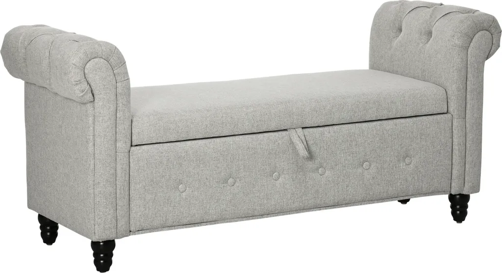 Bout de lit coffre de rangement gris 146cm avec accoudoirs galbés