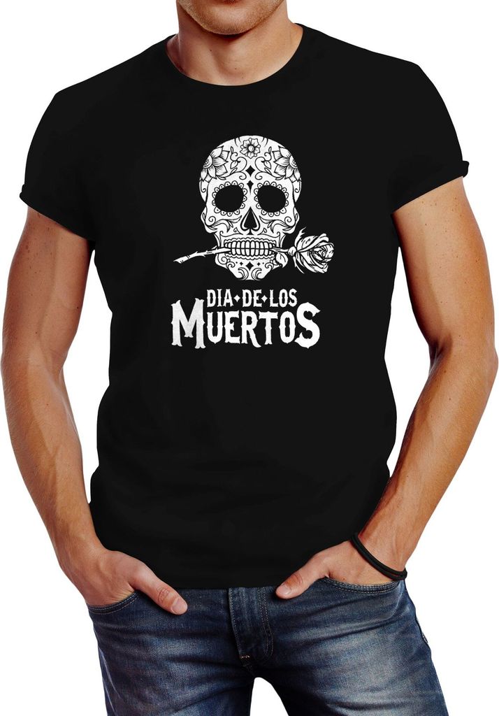 Herren T-Shirt Sugar Skull Dia De Los Muertos Totenkopf mit Blumen Slim Fit Neverless schwarz 5XL