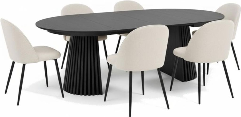 Tokyo Essgruppe Esstisch schwarz, 6 Stühle aus beigem Samt.