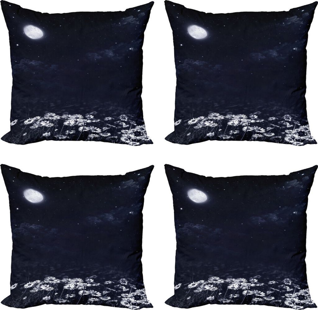 ABAKUHAUS Nacht Kissenbezug Set (4 Stück), Dark Night White Daisies, Moderner Doppelseitiger Digitaldruck, 50 cm x 50 cm, Dunkelblau Weiß