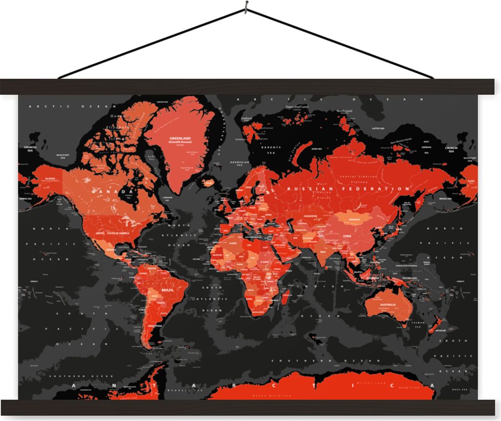 MuchoWow Textilposter Weltkarte - Rot - Schwarz - Kind - Kind - Mädchen 90x60 cm mit schwarzem Rahmen - Aufhängungssatz