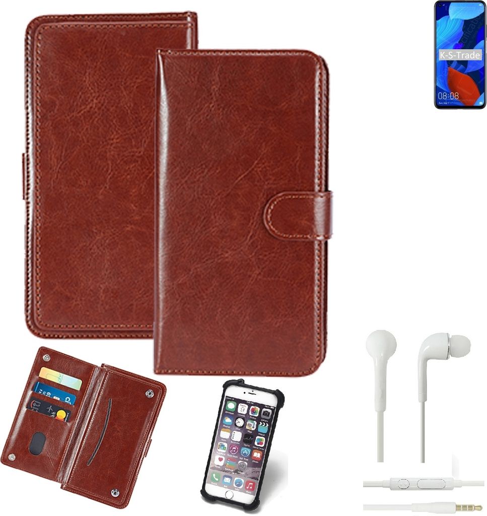 K-S-Trade 360° Hülle kompatibel mit Huawei nova 5T inkl. Headphones braun Kunstleder Case BookCase WalletCase Kunstlederederhülle Handyhülle,