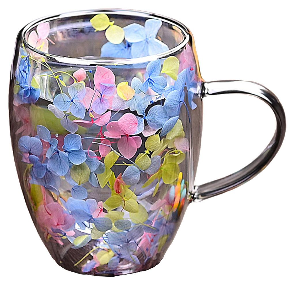 Doppelwandiger Glasbecher mit Henkel aus hochwertigem Borosilikatglas, hitzebeständig, mit farbenfrohem Blütenblattmuster, ideal für heiße und ...