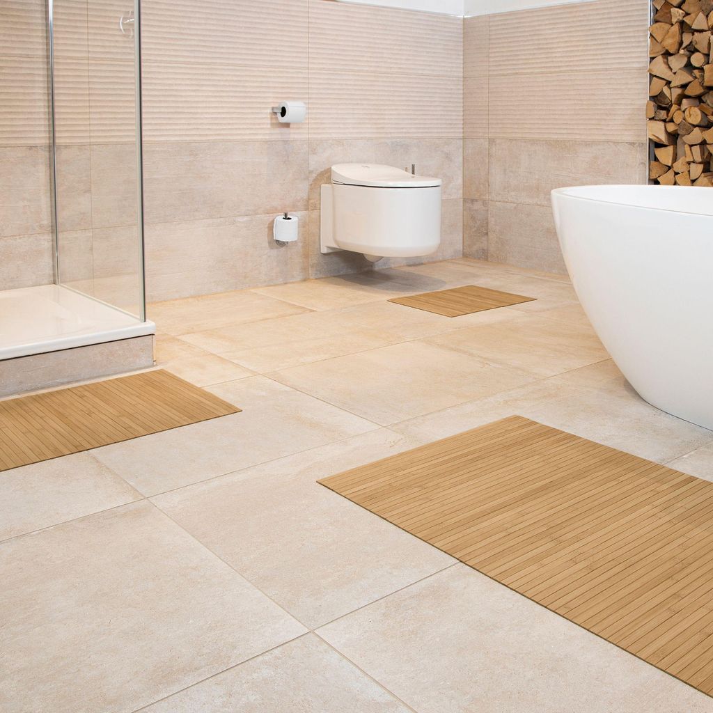 DE-COmmerce Bambus Badteppich LINES 3-teilig – Rutschfest, Pflegeleicht, Badvorleger Set aus Bambus NATURE 40x50/50x80/60x100 cm