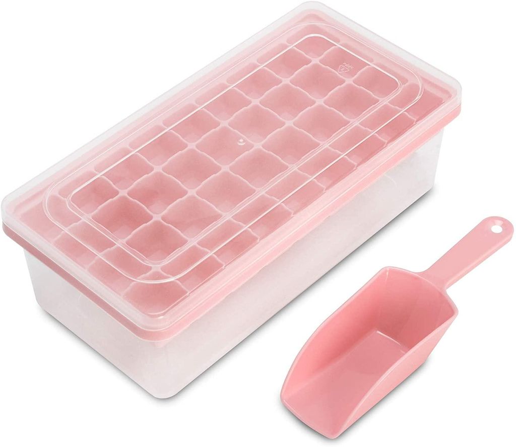 Ice Cube Tray With Lid and Bin|44 Silicone Ice Tray| Flexible Safe Ice Cube Molds Comes with Ice Container, Scoop and Cover