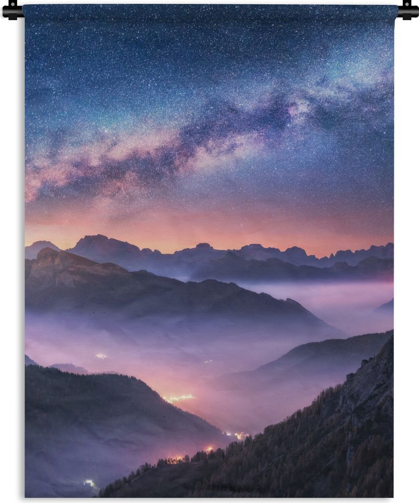 MuchoWow Wandteppich Wandbehang Berge - Sternenhimmel - Nebel 90x120 cm Tapisserie Dekoration Wandtuch - Wanddeko