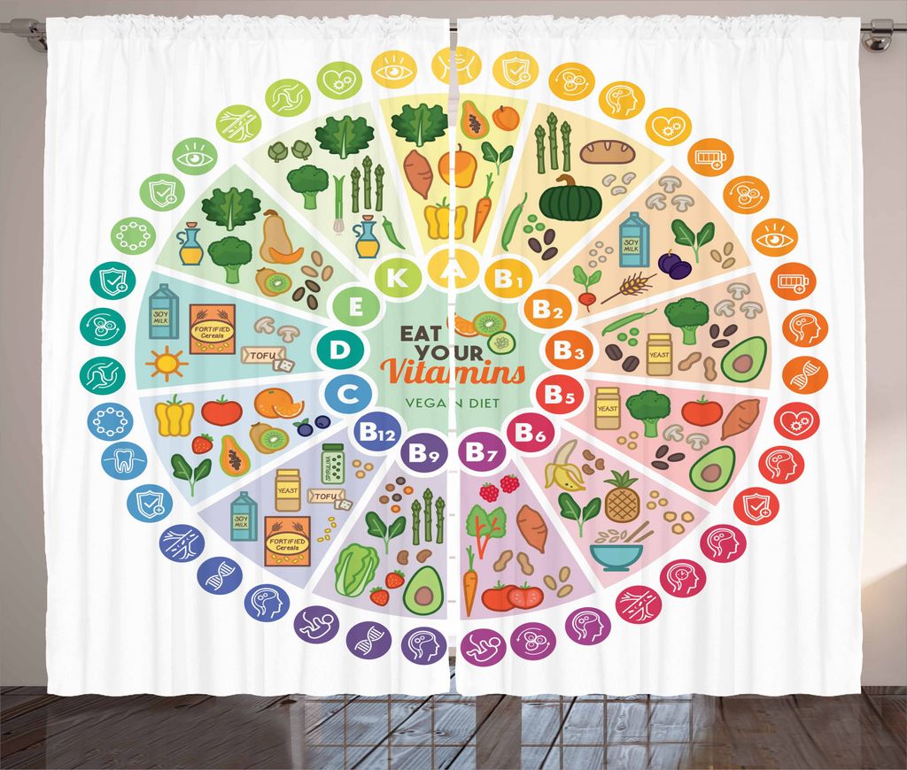 ABAKUHAUS Vegetarier Rustikaler Gardine, Vitamin-Nahrungsmittelquellen, Schlafzimmer Kräuselband Vorhang mit Schlaufen und Haken, 280 x 245 cm, Me...