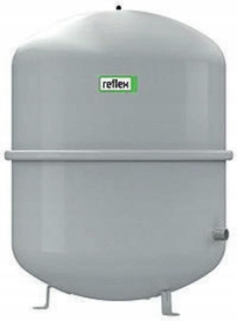A gray expansion vessel with a green label on the front.