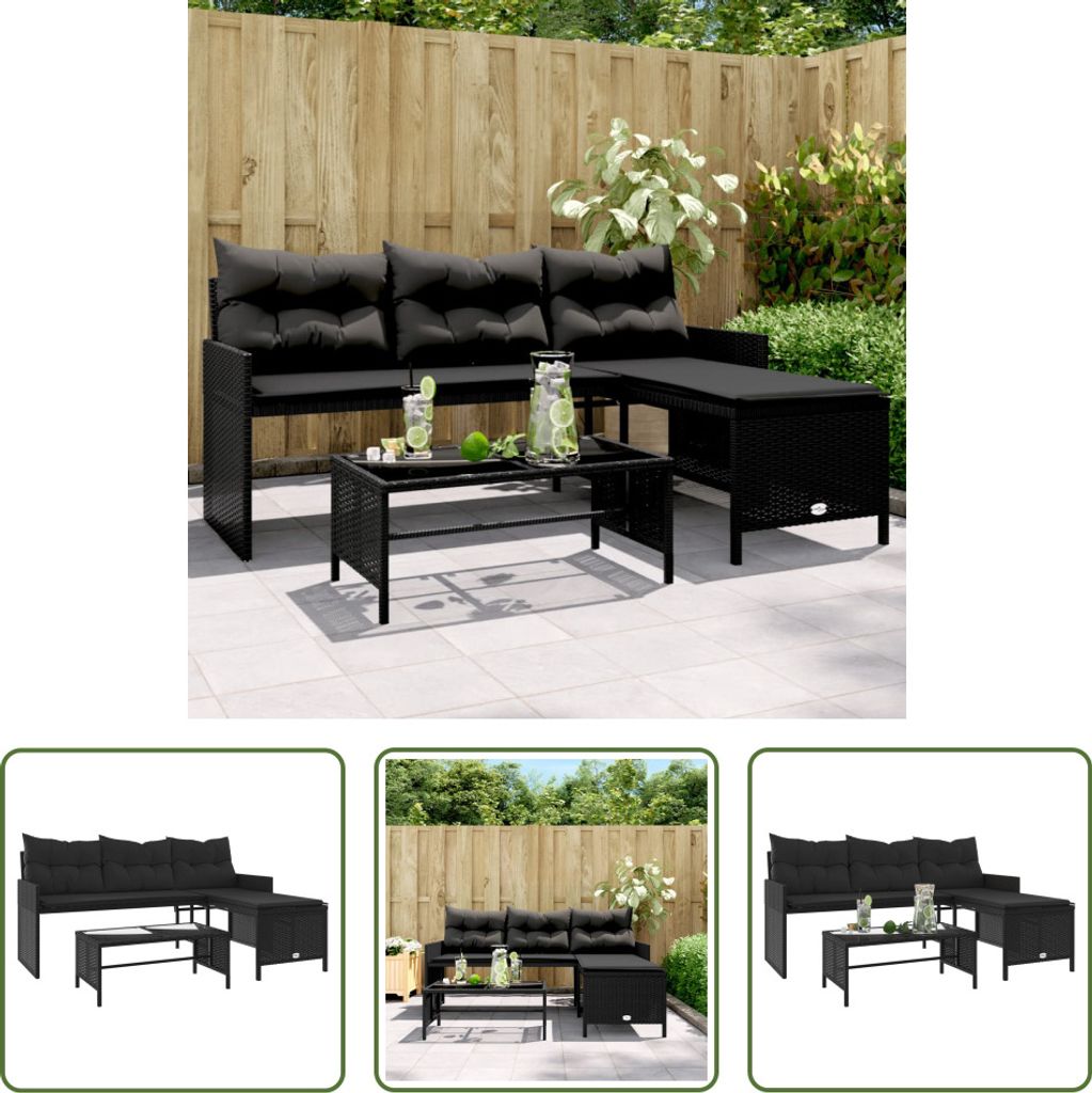 The Living Store Gartensofa in L-Form mit Tisch und Kissen Schwarz Poly Rattan