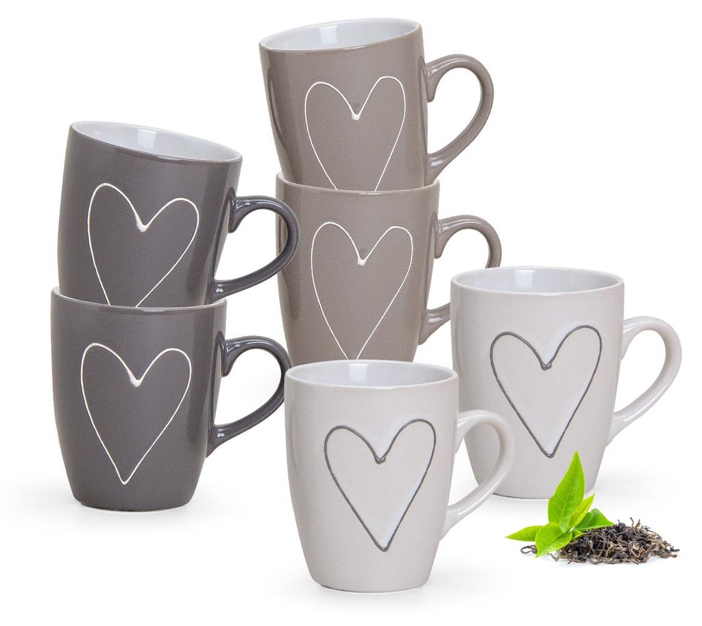 Schöne Kaffeetassen 6er Set einfarbig mit Herzen Produktbild 