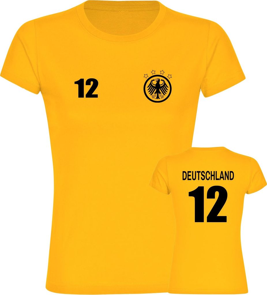 multifanshop Damen T-Shirt - Deutschland - Adler Retro Trikot 12, gelb, Größe M