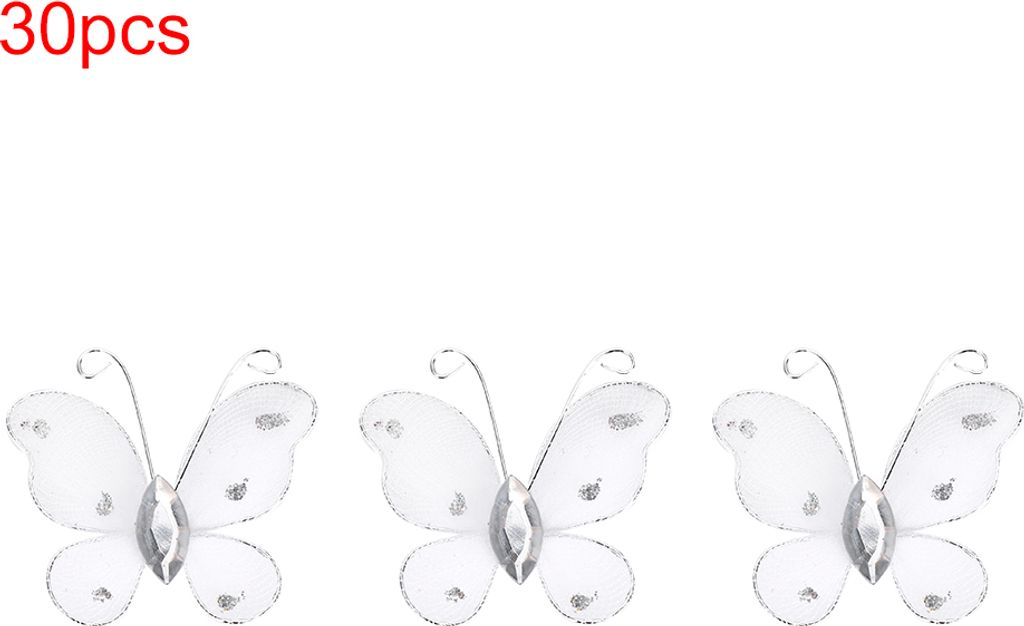30pcs verdrahtete Mesh Glitzer Schmetterlinge mit künstlichem Edelstein DIY handgefertigtes Kunsthandwerk für Unkrautfeiern Home Decoration White