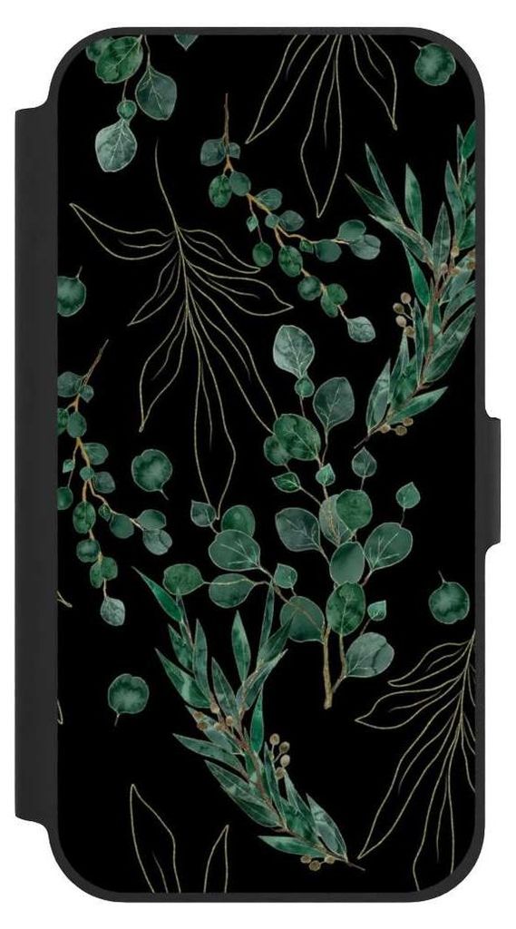 NIVOCASE Klapphülle für Apple iPhone 12 Pro Handyhülle aus Kunst Leder NIVOflip schwarz Blätter Natur Eukalyptus