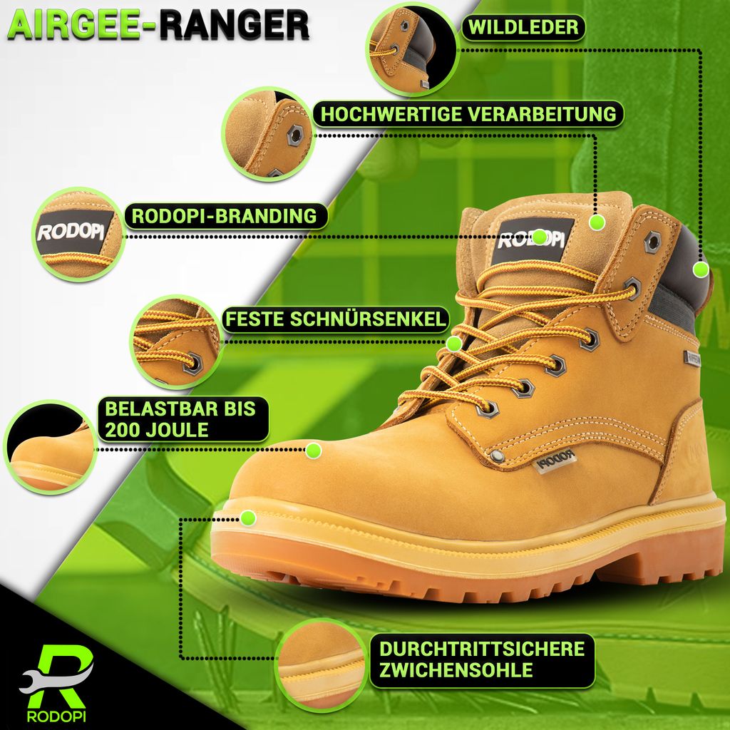 RODOPI Airgee-Force S3 werkschoenen voor heren en dames, maat 38-47, veiligheidsschoenen, suède, EN ISO 20345:2011, zwart, grijs/groen, 42 EU