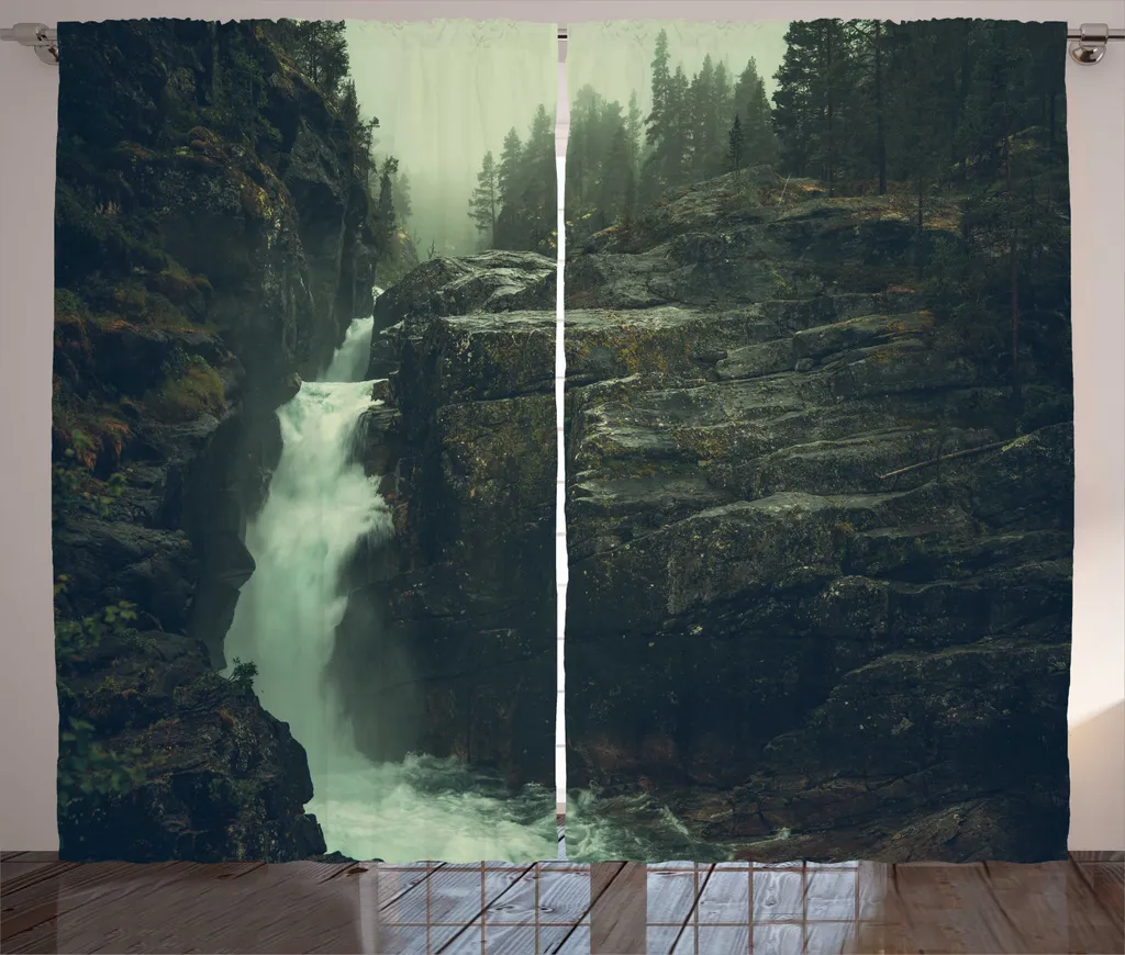Rideau Décoratif Cascade de Norvège en Tissu Gris et Vert 280 x 225 cm