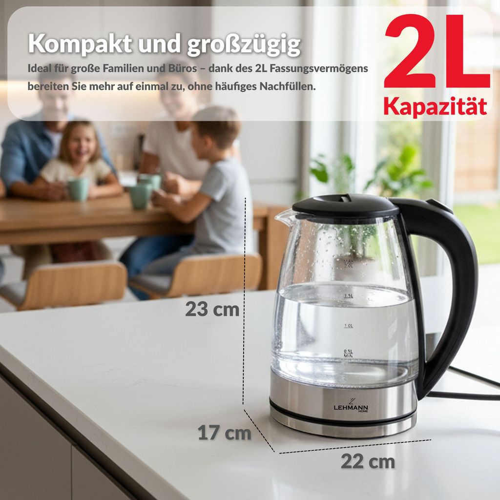 Lehmann 2L Glas Wasserkocher 2200W, elektrischer