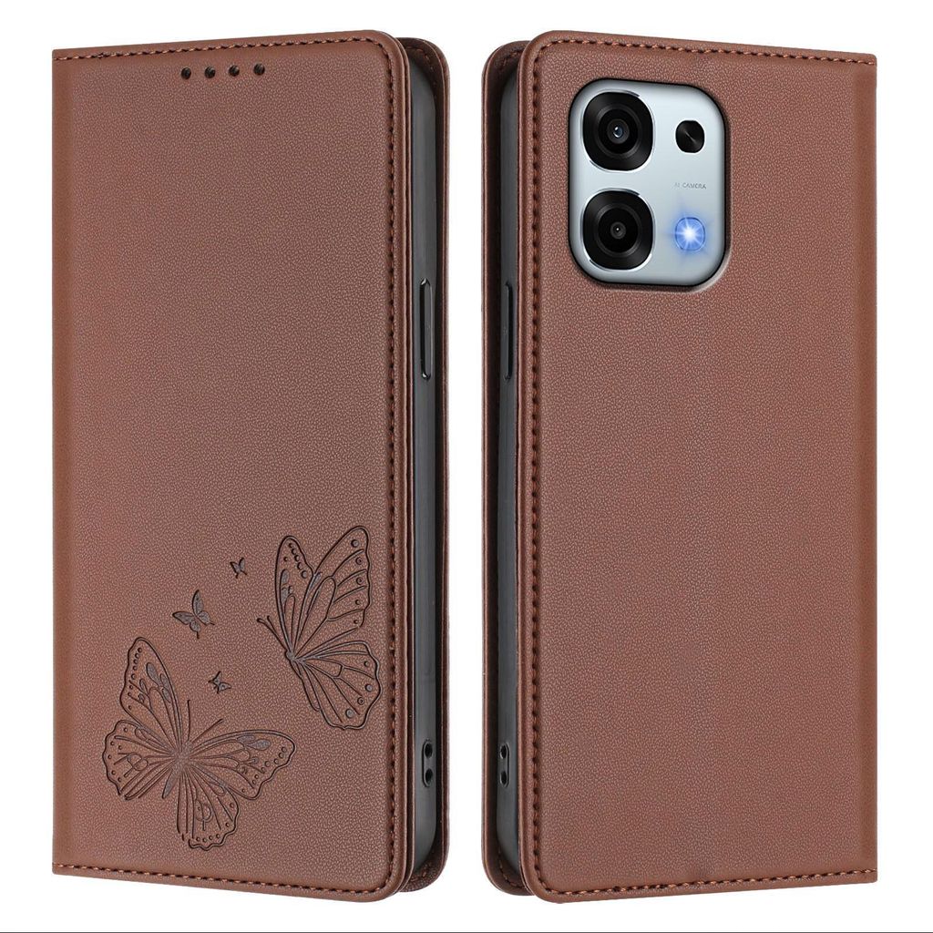 Lederhülle für Oppo A6 Pro 5G/Oppo A6 Pro 4G, Schmetterling Prägung Leder Brieftasche Schutzhülle mit Ständer Braun