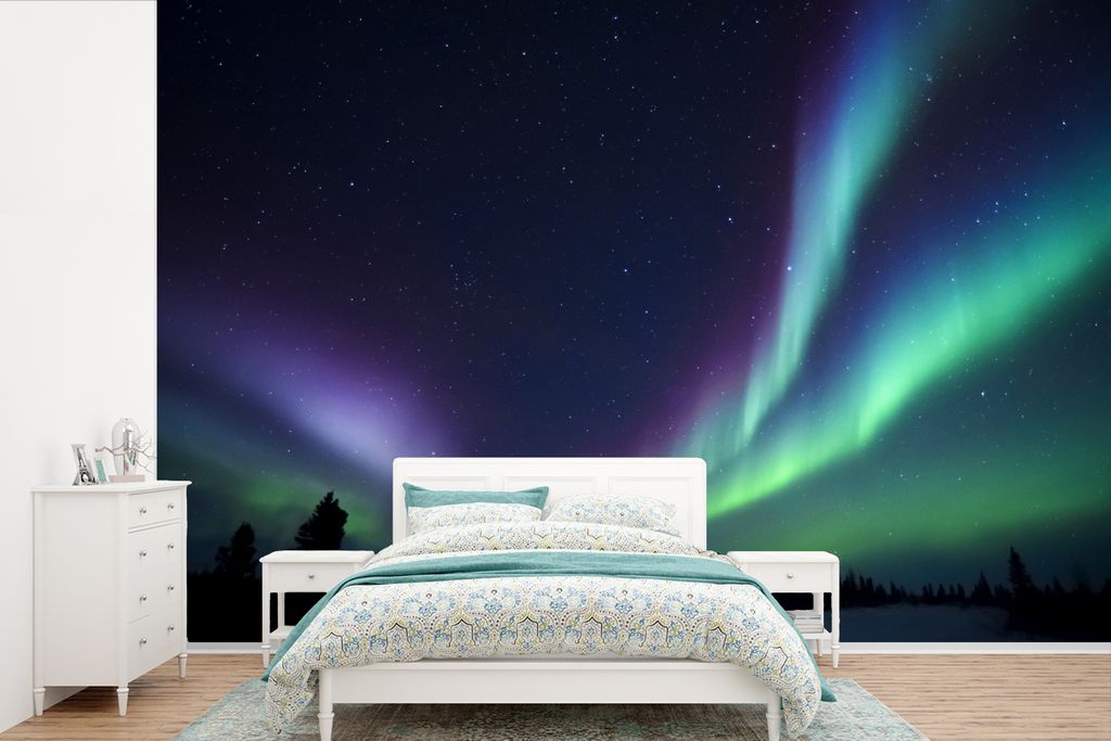 MuchoWow Fototapete für Wohnzimmer oder Schlafzimmer Wandtapete Vinyl Motivtapete Nordlichter - Park - Kanada - 390x260 cm - Papiertapete
