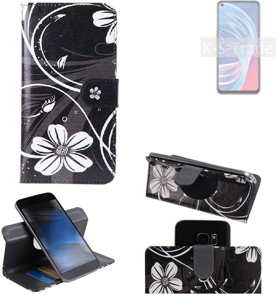 K-S-Trade Schutzhülle Handyhülle kompatibel mit Oppo A73 5G Hülle 360° Wallet Case ''Flowers'' Klapphülle Hülle schwarz-weiß 1x