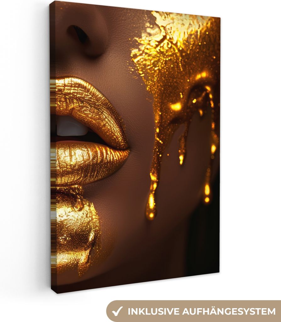 MuchoWow - Leinwandbilder - Frau - Gold - Gesicht - Farbe - Lippen, Wandbild, Wanddeko Bilder Wohnzimmer, 20x30 cm