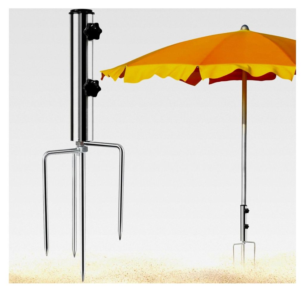 Erdspieß für Sonnenschirm, Schirmständer aus Metall mit 4 Heringen, verstellbar und robust für Strand, Gras und Sand