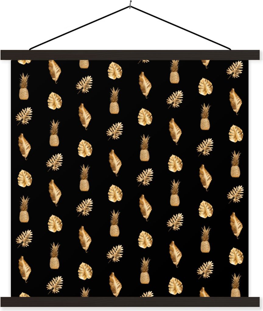 MuchoWow Textilposter Blätter - Gold - Muster 120x120 cm mit schwarzem Rahmen - Aufhängungsset