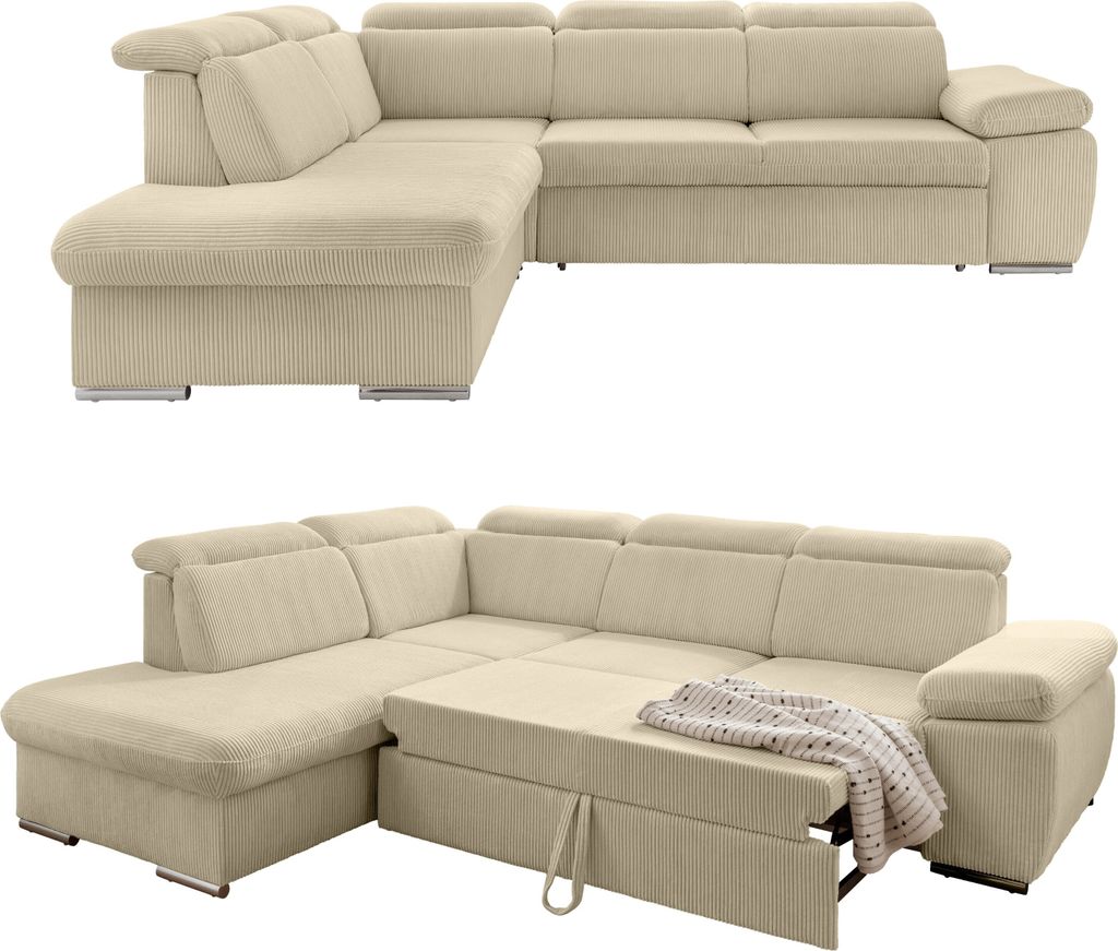 Ecksofa Schlaffunktion Stauraum Kopfstütze Couch Ottomane links Cord Beige Grau / 17218