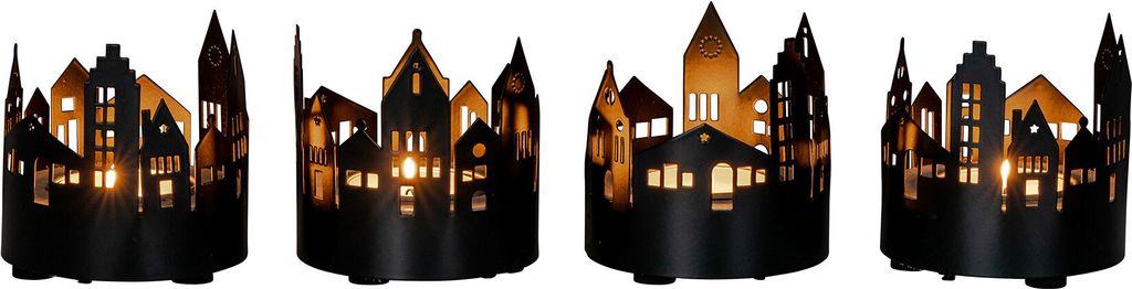 4er Set Teelichthalter Schwarz Metall Haus Windlicht Tischdeko Kerzenhalter Deko