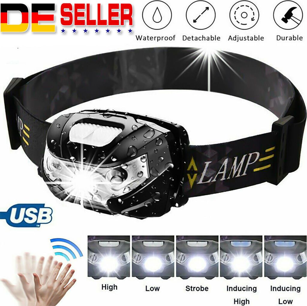 150LM LED USB Scheinwerfer Stirnlampe Wasserdicht Lampen Kopflampe 1200 Akku
