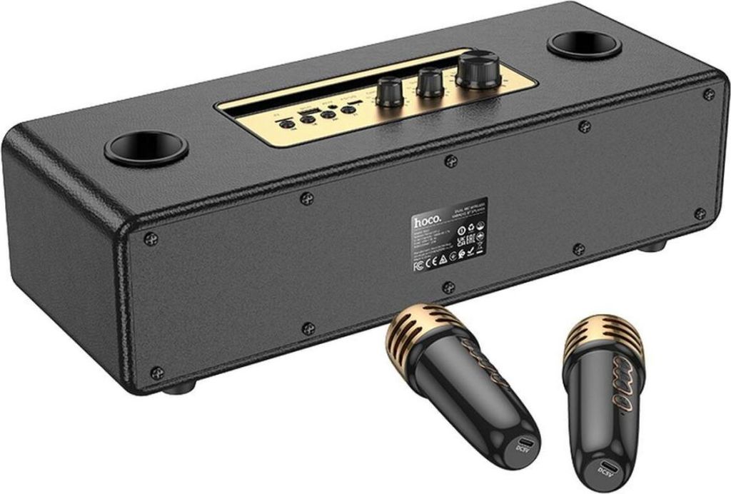 A black Hoco BS63 Bluetooth speaker with two gold-tipped microphones in front of it, set against a white background.