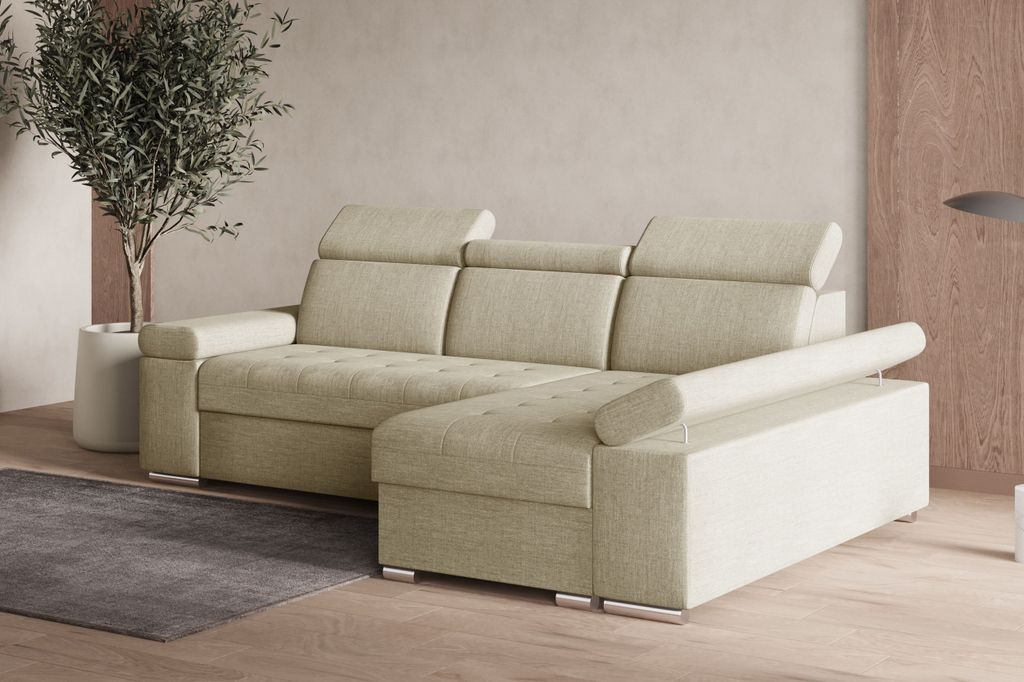 MOEBLO Ecksofa L mit Schlaffunktion, verstellbaren Kopfstützen & Bettkasten – Modernes Schlafsofa mit Stauraum - Ecksofa Luka L - Beige (Twist 0...