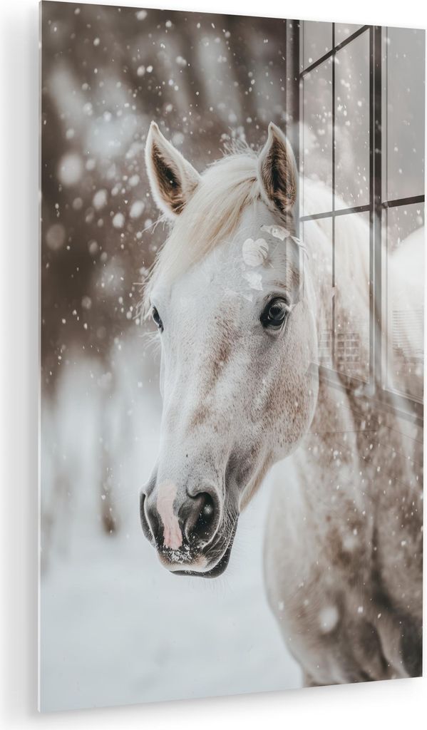 MuchoWow Glasbilder - Bilder auf Wandbild - Foto auf Glas Pferd - Weiß - Winter - Natur - Schnee - Tiere 80x120 cm Wanddekoration aus Glas - Acryl...