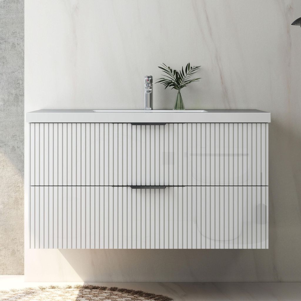 Waschtisch mit Unterschrank 100cm RIVA Badmöbel Set Hochglanz Weiß Waschbecken mit Unterschrank Softclose