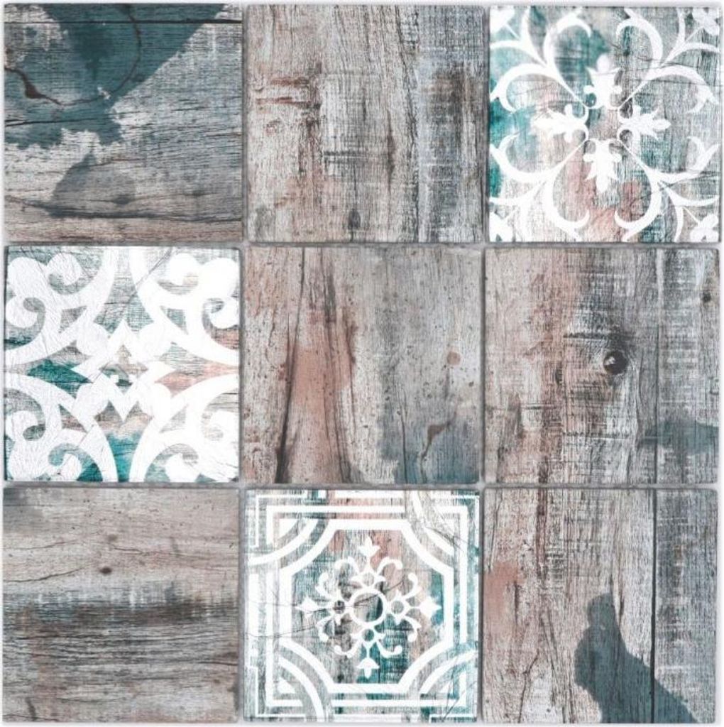 Glasmosaik Mosaikfliese Piastrella Vintage Patchwork grau braun pastell grün Holzoptik Ornament MOS160-W950