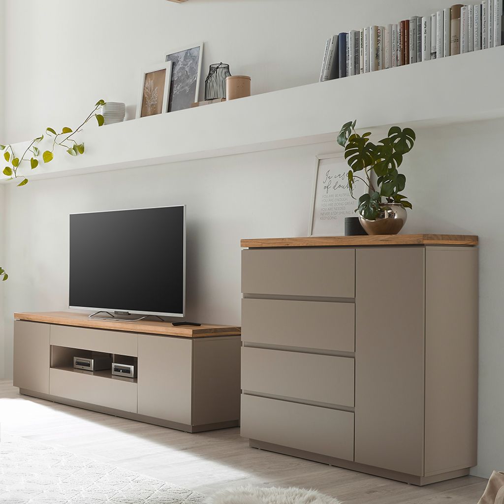 Wohnzimmer Set in grau mit Akazie massiv, modern mit Lowboard, Kommode, 2-teilig PALMAS-05