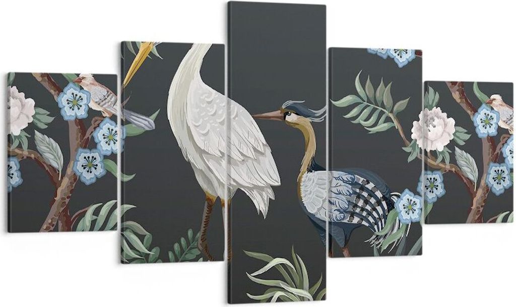 Bild auf Leinwand - Leinwandbild - 5 Teile - Asiatisch Reiher Blumen - 125x70cm - Wand Bild - Wanddeko - Wandbilder - Leinwanddruck - Bilder - Wand...