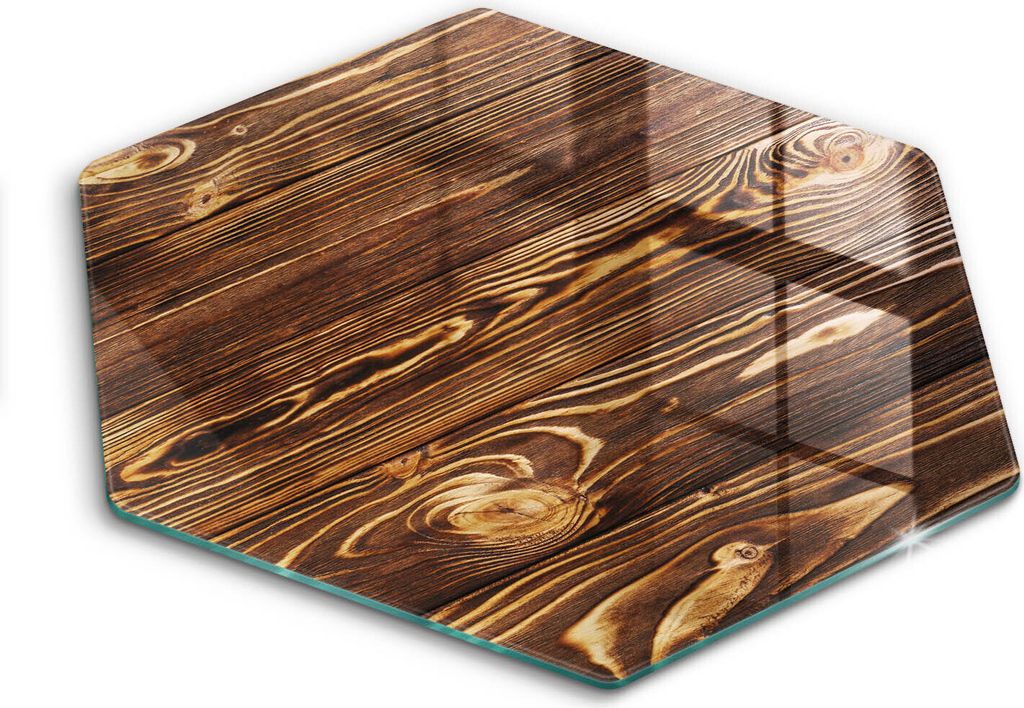 Glasschneideplatte - Herdabdeckplatte - Hexagon 40 cm -Schneidebrett - Spritzschutz - Holzstruktur