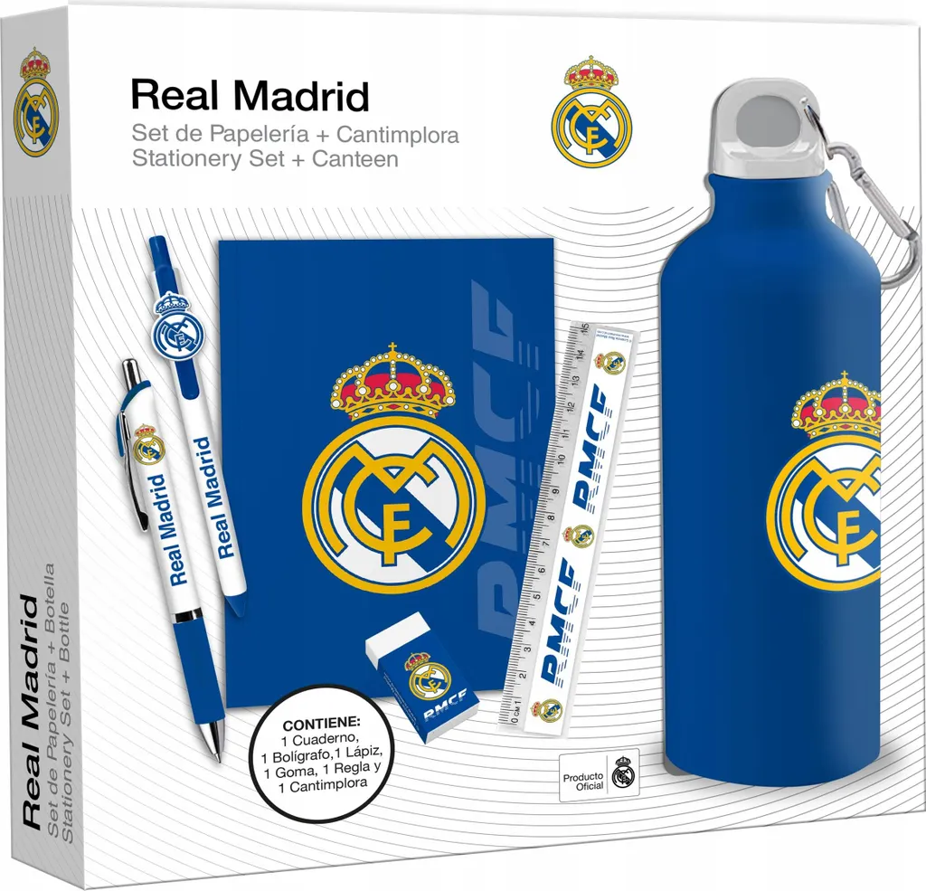 Kit Scuola Real Madrid: Borraccia 650ml + Cancelleria Ufficiale Merchandising