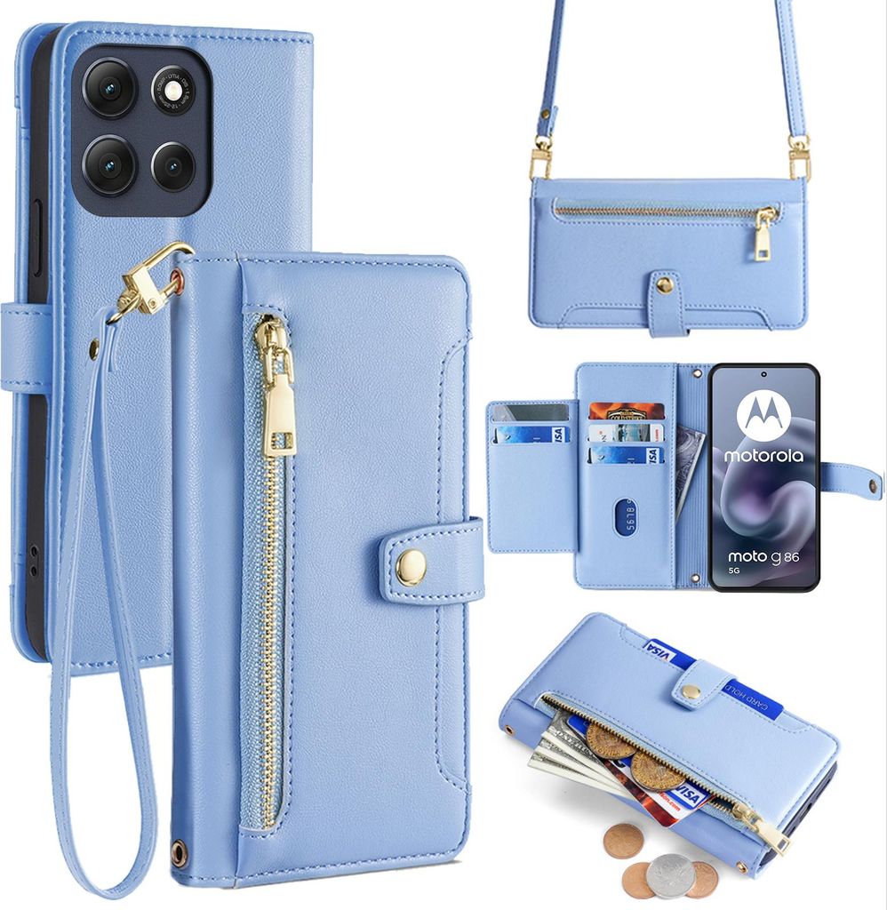 Handykette für Motorola Moto G86 Hülle mit Band Handyhülle Kartenfächer Leder Umhängetasch in Hellblau