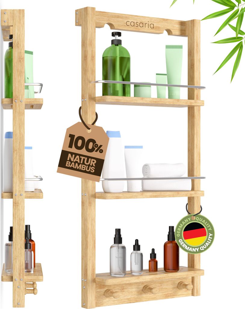 Étagère de douche en bambou avec 3 compartiments 3 crochets Image du produit 