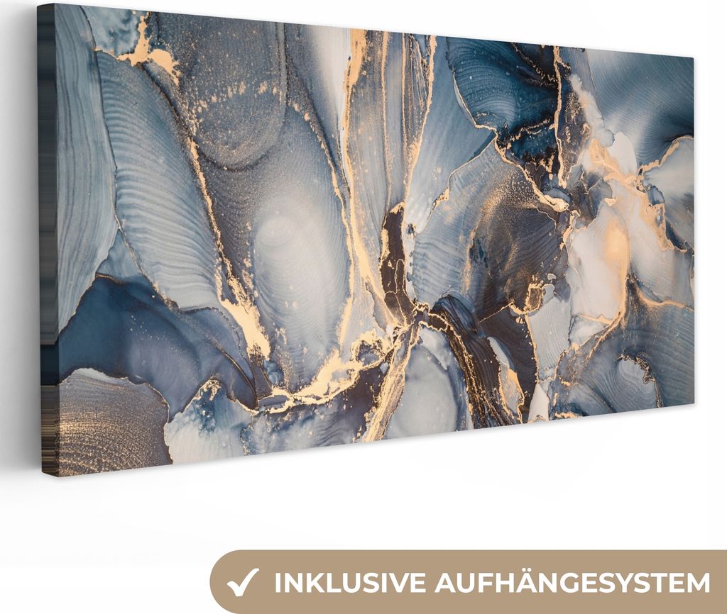MuchoWow - Leinwandbilder - Marmor - Grau - Blau - Luxus - Gold, Wandbild, Wanddeko Bilder Wohnzimmer, 80x40 cm