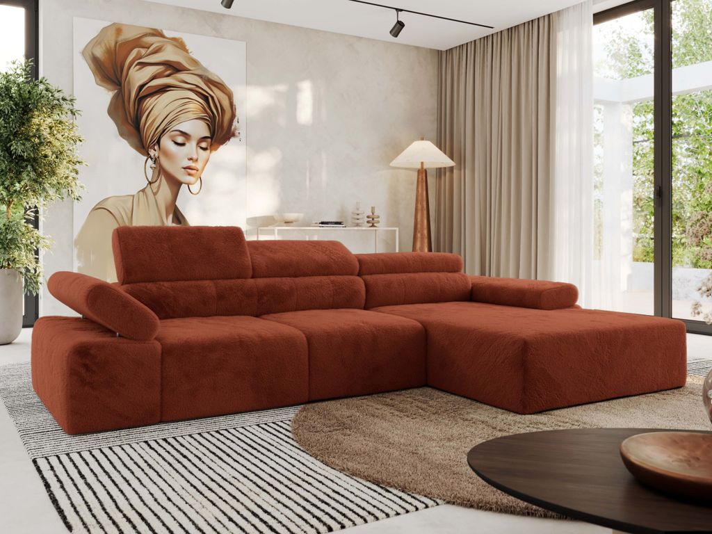 MKS MEBLE L-form Ecksofa RILASSO mit Relax-Funktion, verstellbare Kopfstützen - Orange Plüsch - Rechts