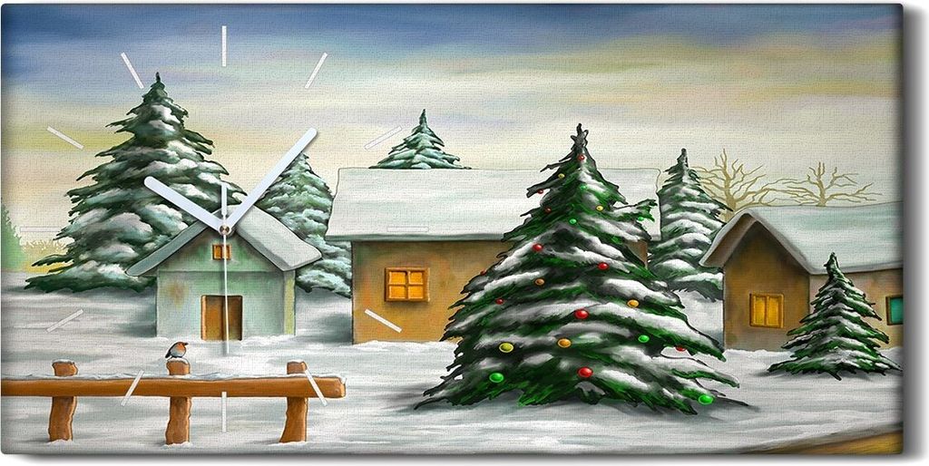 Küche Wohnzimmer Wand Leinwand Uhr 60x30 Kleines Dorf Weihnachtslandschaft - weiße Hände