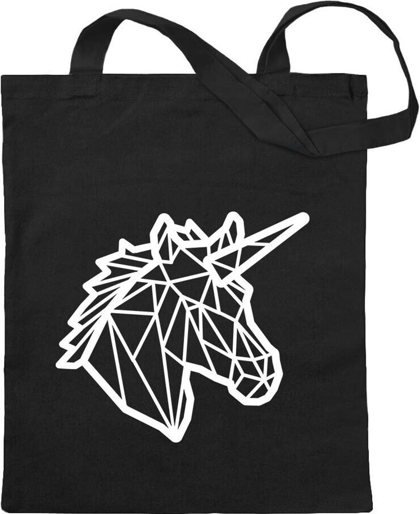 Kiwistar - Baumwolltasche - schwarz - Polygon Einhorn Kopf - Tragetasche Stoffbeutel Umhängetasche langer Henkel