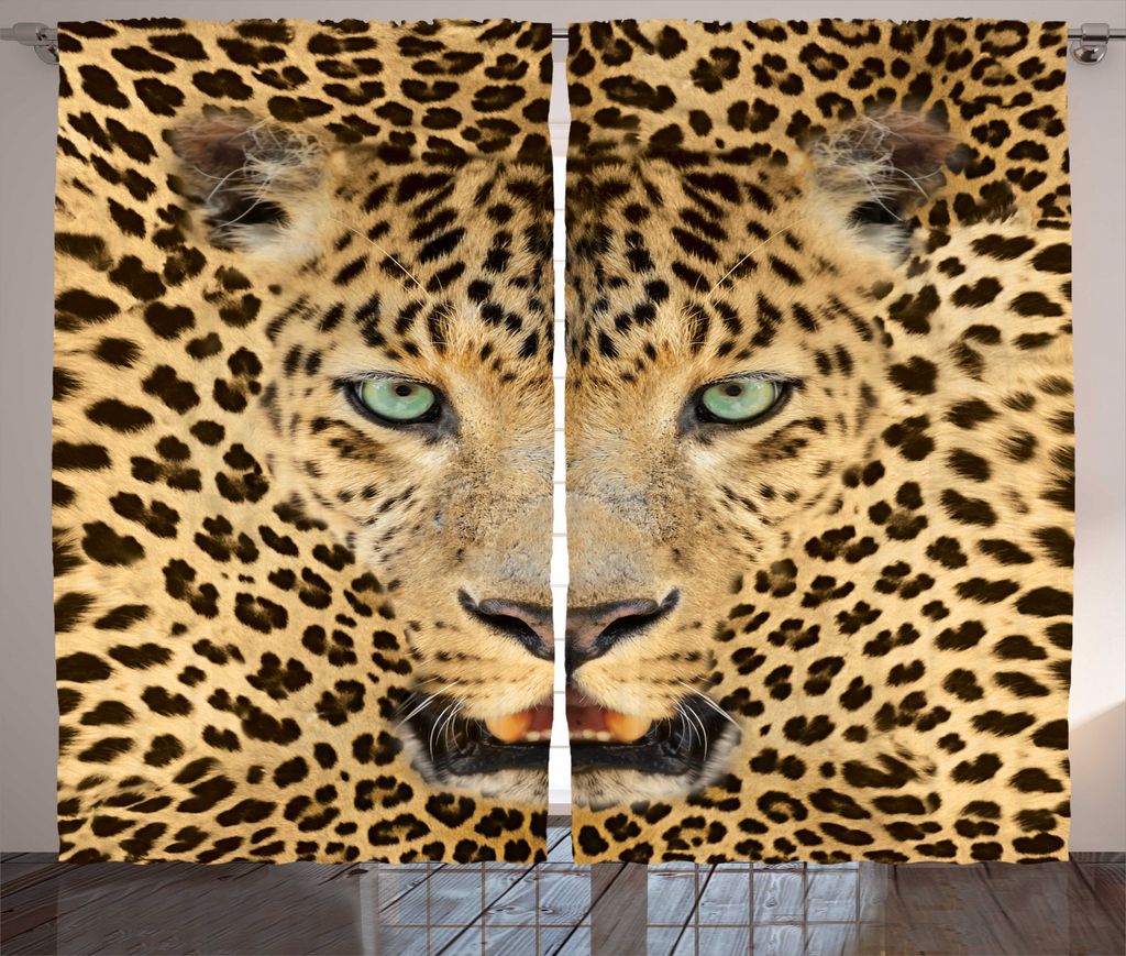ABAKUHAUS Leopard Rustikaler Vorhang, Predator Tier, Wohnzimmer Universalband Gardinen mit Schlaufen und Haken, 280 x 175 cm, Braun und Hellbraun