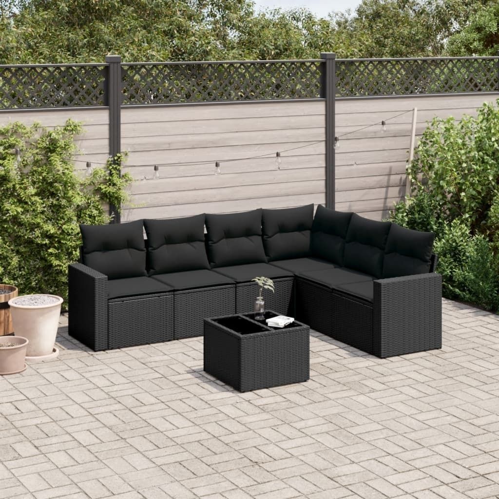 CLORIS 7-tlg. Garten-Sofagarnitur - mit Kissen - Schwarz Poly Rattan - Gartenstühle LL0000256707