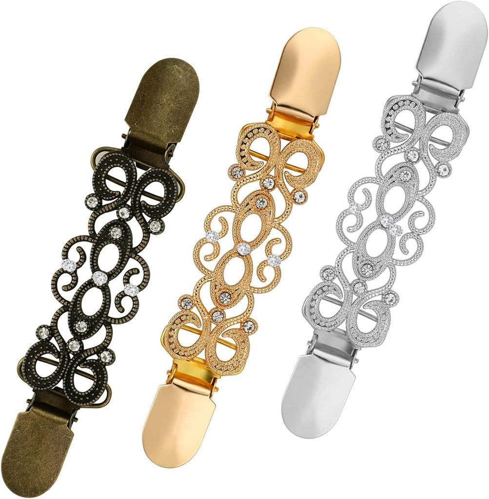 3 Stück Cardigan Clip Kordelzug Kleiderclips mit Metallrücken Vintage Cardigan Clips Pulloverkragen Schal Clips Damenbekleidung Ausschnitt Muster...